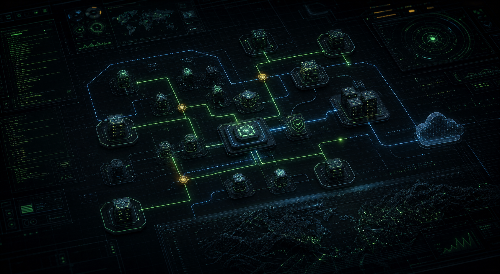 Abstract software architecture map with connected services, secure paths, and cloud boundaries.